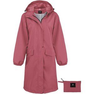 Women's Long Rain Jacket Waterproof Lightweight Hooded Raincoat, Pink
